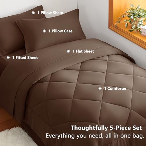 Image of CozyLux Twin Comforter Set with Sheets Brown - 5 Pieces Bed in a Bag Twin, All Season Bed Set for Girls and Boys, Bedding Set with Down Alternative Comforter, Sheets, Pillowcase & Sham