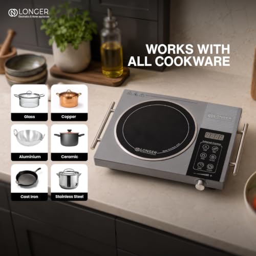 Image of LONGER 2500W Infrared Cooktop with Grill Rack - Dual Control (Touch + Knob), Crystal Glass Hot Plate, Digital Display, 240V Portable Electric Stove, Universal Cookware Compatible (Silver)