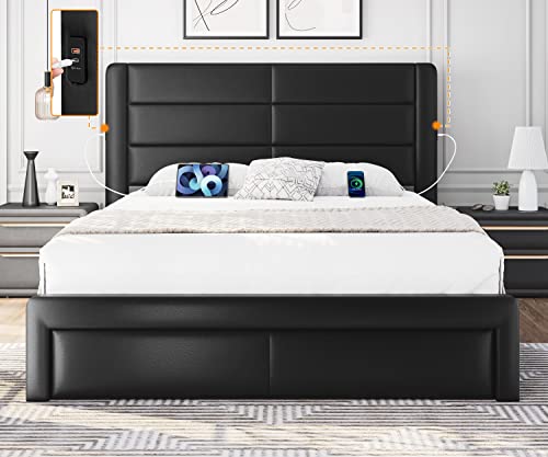 Yaheetech Queen Size Bed Frame With 2 Usb Charging Station/Port For Type A&Type C/3 Storage Drawers, Leather Upholstered Platform Bed With Headboard/Solid Wood Slat Support/No Box Spring Needed/Black #TOP2