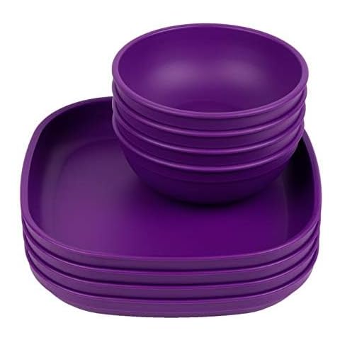 Re-Play Made in USA Set of 4 Flat Toddler Plates and 4 Bowls - Reusable 9" Kids Plates and 20 Oz. Toddler Bowl Set, Microwave and Dishwasher Safe - Toddler Plates and Bowls Set, Amethyst Cover
