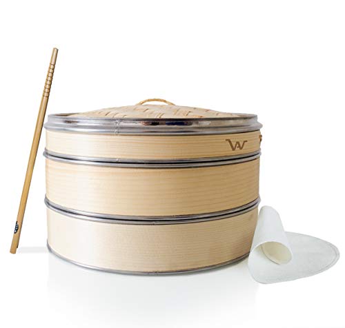 AW - Bamboo Steamer Basket 10 Inch - Natural Bamboo Dumpling Steamer - Heavy Duty Cooking With Stainless Steel bands. Perfect as a Dim Sum Steamer Dumplings Steamer. BONUS Dumplings Maker & Liners.