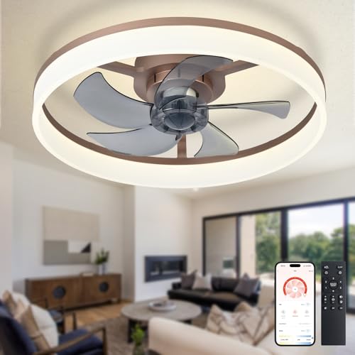 Depuley Ventilador de techo LED con luz: ventilador moderno de perfil bajo de 20" con mando a distancia para aplicaciones - Lámpara regulable con ventilador sin aspas marrón para dormitorio