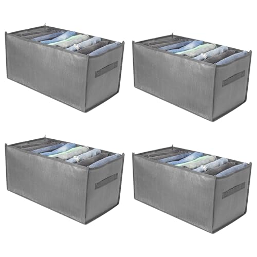 TONINT 4 Packs Wardrobe Clothes Organizer Drawer With Handles Clothes Organizer Drawers Wardrobe For Closet,Clothing Storage Shelf For Pants,Sweaters,Jeans,T-shirt,Legging,Trousers (Grey, 6 Grids)