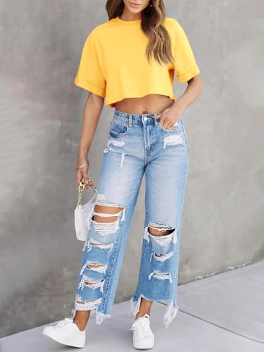 Image of Tankaneo Women Crop T-Shirts Half Sleeve Drop Shoulder Cropped Tops Y2K Casual Summer Basic Tees