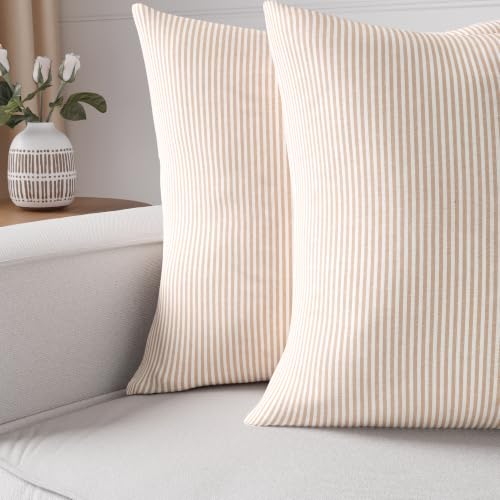 Image of Encasa XO Farmhouse Throw Pillow Covers Set of 2 (24x24 in) Ticking Beige | Decorative Cushion Covers No Inserts | Plaid and Stripes Pillow Covers for Living Room, Couch