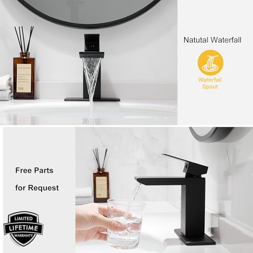 Foto de Hoimpro Grifo de baño de cascada negro mate con placa de cubierta de 6 pulgadas, grifo de lavabo de baño de acero inoxidable con drenaje emergente, grifo de tocador de RV con líneas de suministro, (imagen 4)