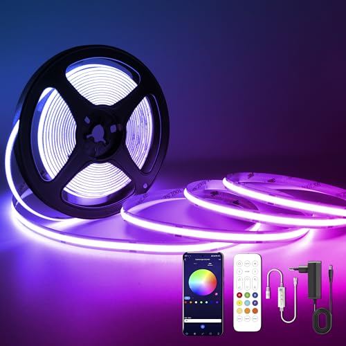 TTWAY Striscia LED COB RGB 5M, 12V LED Striscia RGB Colorate con Telecomando, App Controllata, Sincronizza Cambia Colore con la Musica, Luci LED per Camera da Letto, Cucina, Decorazione per Feste, Bar
