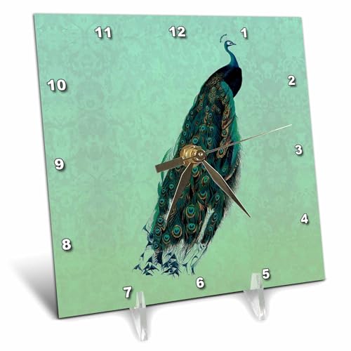 3dRose 6x6 Desk Clock - Teal Peacock with Teal, Yellow and Brown Feathers on sea Foam Green Damask Background Animal Bird Peacock Feathers Damask