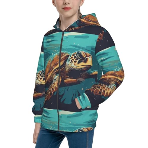 Green Turtle in Sea Water Kids Pullover Hoodies Boys Zip Up Sweatshirts Girls Athletic Clothes with Pocket