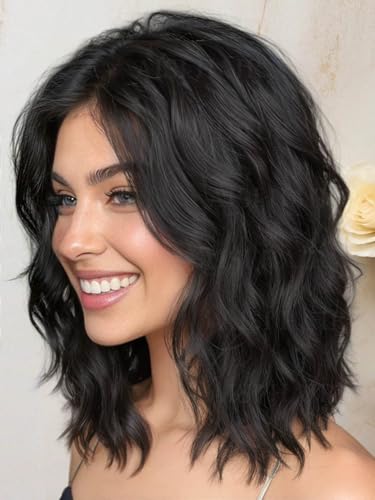 AISI HAIR 14 Inch Natural Black Wigs for Women - Shoulder Length Wave Wig with Pre-Cut Lace Hairline Middle Part Natural Wavy Bob Synthetic Heat Resistant Fiber for Daily and Party