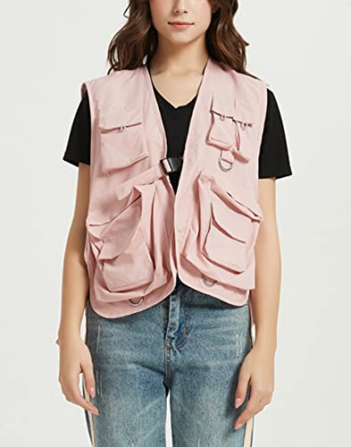 HaoMay Colete feminino com fivela de safári para pesca ao ar livre com vários bolsos, rosa, GG