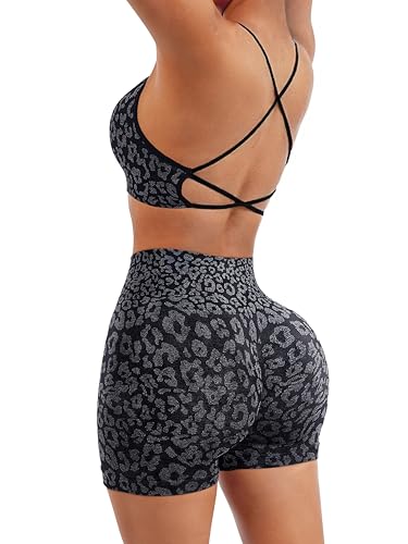 Image of SUUKSESS Women Seamless Workout Sets Strappy Sports Bra High Waist Booty Shorts Outfits