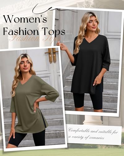 Huukeay 3 Pack Women's 3/4 Sleeve Oversized T-Shirts V Neck Knit Workout Casual Tunic Tops Side Split Loose Basic Tees4