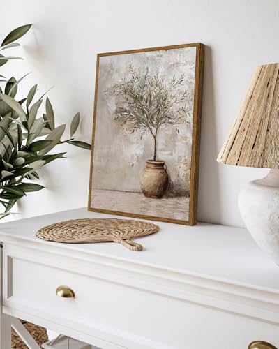 Image of ARPEOTCY Vintage Framed Canvas Wall Art, 12x16inch, Farmhouse Olive Tree in Vessel Wall Decor, Still Life Art Prints Home Decorations, Botanical Paintings for Living Room Bedroom Office Decor
