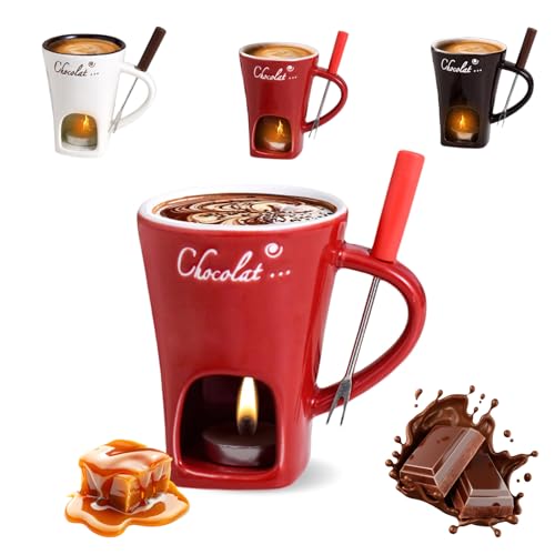 Chocolate Fondue Mug with Forks, 200ml Chocolate Fondue Melting Cup,Ceramic Chocolates Melting Cups Set,Melting Chocolates Love Cup for for Hot Chocolate,Cheese, Dip, Birthday Gift(Red)