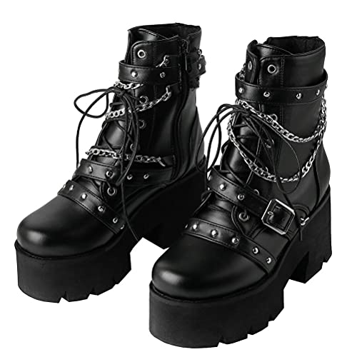 LUXMAX Women Buckle Goth Chunky Platform Ankle Boots Lace Up High Heel Motorcycle Boots with Chain3