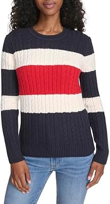 Tommy Hilfiger Women's Sportswear Cotton Crewneck Cable Sweater – Sky Captain Multi‑Colorblock, Size...
