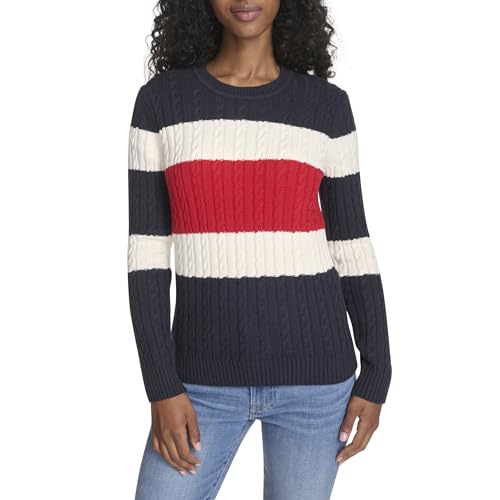 Tommy Hilfiger Women's Cotton Crewneck Cable Sweater, Sky Captain Multi Colorblock, XS