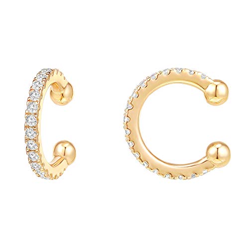 925 Sterling Silver 18K Gold Filled Cubic Zirconia Sparkling Round Huggie Crystal Ear Cuff Gold Earrings for Women Girls | Clip On Cartilage (Gold)