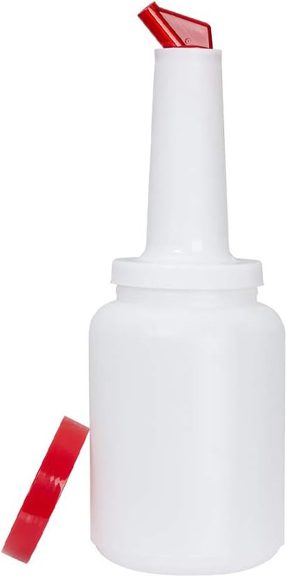 Tezzorio Store and Pour 2 Qt. Bottle with Red Pour Spout and Cap, 64 oz Flow-N-Stow Bar Fruit Juice & Liquor Storage Containers, Professional Bartender Supplies