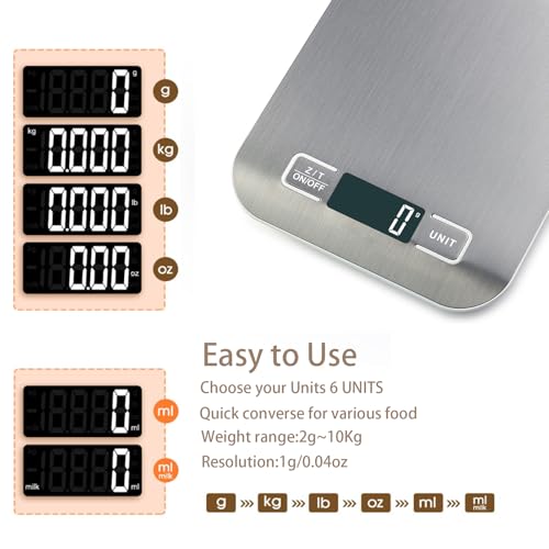 Food Kitchen Scale, 5kg/11 lb Digital Kitchen Scales ,Digital Grams and Ounces for Weight Loss, Baking, Cooking, Keto and Meal Prep, 6 Units, LCD Display, 304 Stainless Steel
