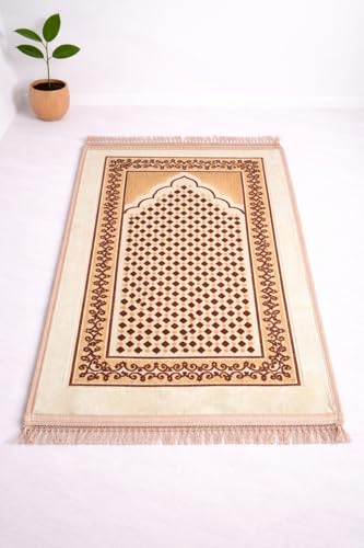 Image of Janamaz Prayer Mat Turkey Soft Velvet | Namaz Mat, Janimaz Namaz Aasan, Islamic Prayer Rug for Salah | 70x110 CM (Printed White9)