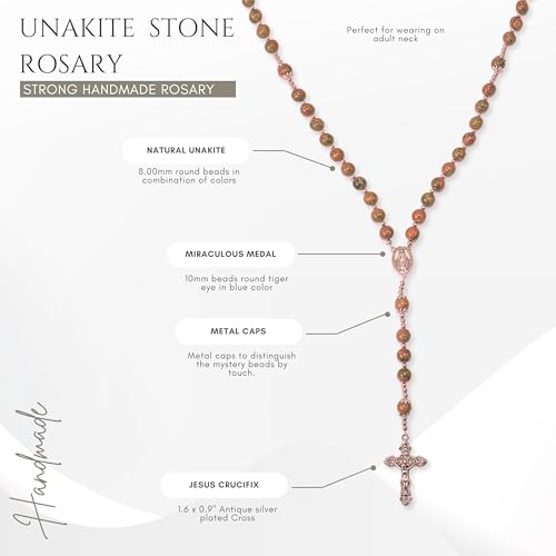 Unakite Stone Beads Rosary, Catholic Rosary Necklace with Metal Caps, Miraculous Medal and Jesus Crucifix, Handmade Strong Rosary Cross Necklace, Catholic Gifts for Men and Women4