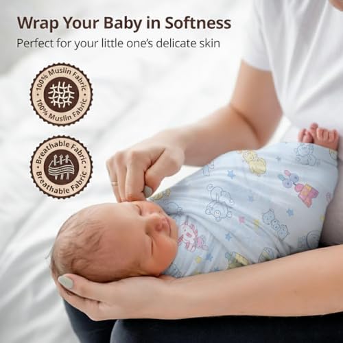 Image of Trance Home Linen Super Soft 100% Cotton Malmal Swaddle Cloth I Swaddle Wrap | Swaddle for New Born Baby | Cotton Baby Swaddle|Baby Shower Gift Set (100x100 cm,Nursery Design,Pack of 3)