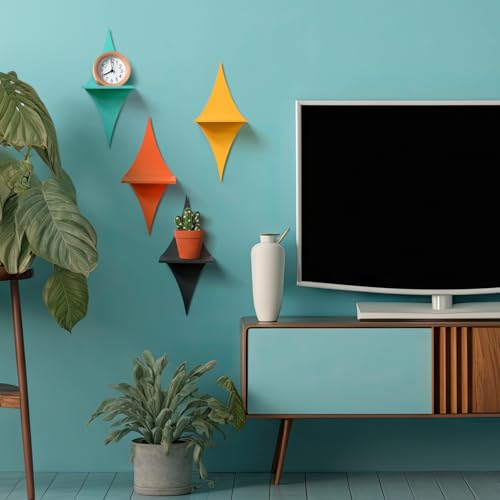 Image of Threehoney Mid-Century Modern Wall Set of 4 Colorful Floating Display Shelves Retro Style Starburst Wall Mounted Shelves Storage for Bedroom, Living Room Decor(Rhombus)