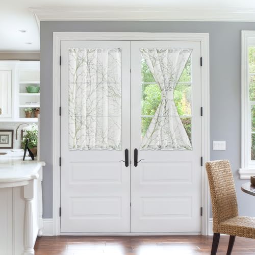Image of FMFUNCTEX Sheer French Door Curtains 40 Inch Long Green White Semi-Sheer Patio Half Door Panel Branch Tree Print Curtains with 1 Tieback 50 Inch Wide 1 Panel