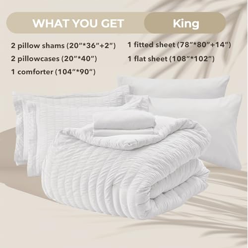 Image of HYMOKEGE White King Size Comforter Set Seersucker 7 Pieces, All Season Luxury Bed in a Bag for Bedroom, Bedding Set with Comforters, Sheets, Pillowcases & Shams
