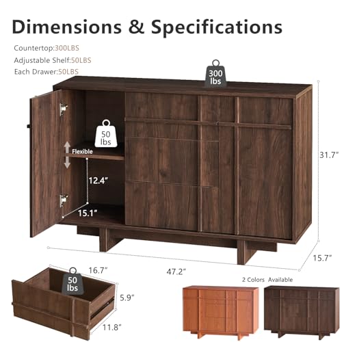 Image of Sideboard Buffet Cabinet with Storage, 47.2 inch Large Sideboard with 2 Doors & 3 Drawers, Mid Century Modern Credenza with Skeleton Line&Wood Grain for Living room, Kitchen and Entryway, Walnut