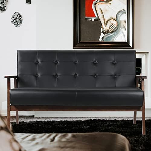 AODAILIHB Modern Wooden Leather 2-Seat Sofa, Sleek Minimalist Loveseat, Sturdy and Durable Loveseat Sofa Couch, Home Office Furniture (Black)