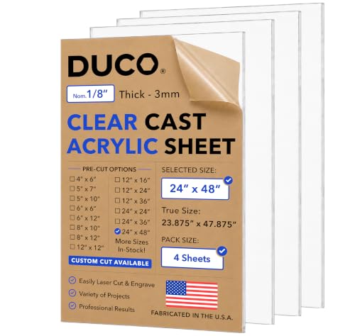 Duco 1/8" Clear Cast Acrylic Sheets, 24"x48" Plexiglass Sheets, 4 Pack