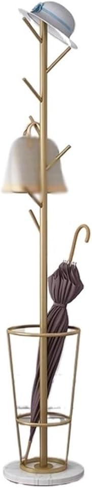 自立型コートラック 傘立て付き金属製コートラック、大理石ベース付き玄関コートスタンド、玄関や寝室用の複数のフック(Gold)