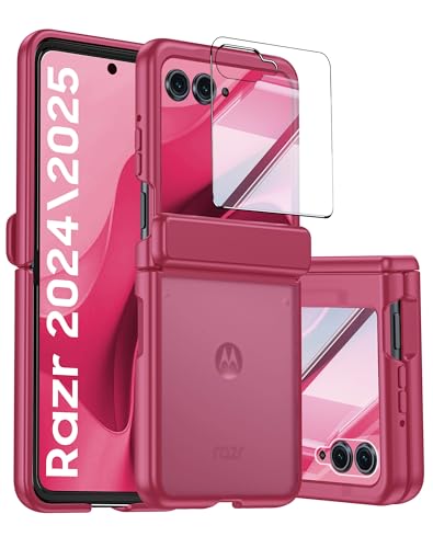 oupeigar for Motorola Razr 2025 Case/Razr 2024 Case with Hinge Protection, Screen Protector, Ultra-Thin Skin Feel Translucent Frosted, Shockproof Cover for Razr 2025/2024-Rose Red (NOT for Plus/Ultra)