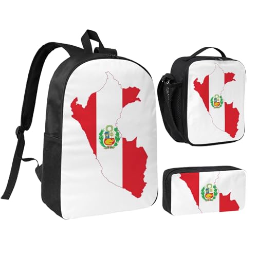 Peru Flag Map print Shoulder Bookbags Lunch Bag and Pen Case 17 inches Backpack with Lunch Box, Cute Bookbag Set