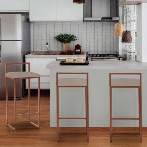 Banqueta Alta Bistô Bar Em Aço Cobre Assento Bege