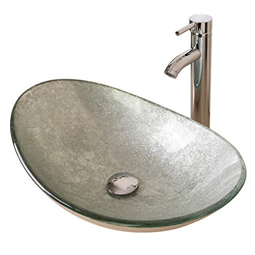 Walcut Silver Green Glass Wash Bowl Vessel Sink & Chrome Bathroom Faucet Finish With Pop Up Drain Stopper, Boat Shape #TOP21