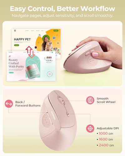 Image of seenda Ergonomic Wireless Mouse, MOU200 Vertical Bluetooth Mouse with 2.4G USB Receiver, Dual Bluetooth, Quiet Clicks, 52 Grip, 3-Level DPI, 116g Right Hand Mouse for Laptop PC Mac Android,Light Pink