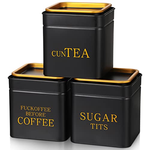 3 Piece Novelty Sugar Tea Coffee Canister Set Gifts Naughty Black Stainless Steel Containers Airtight Metal Coffee Jar with Gold Lid for Home Food Storage Flour Spice Kitchen Decor Cafe Accessories