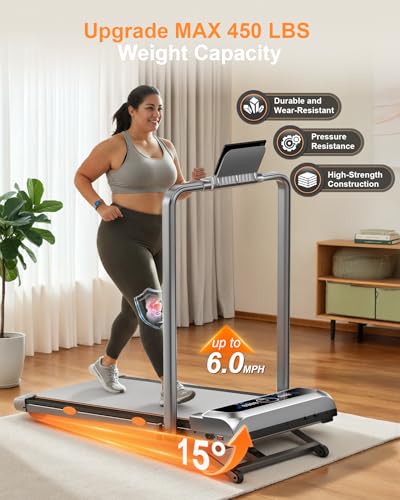 Image of Walking Pad with 15% 12-Level Auto Incline & Handle Bar, 450 lbs Capacity UI Screen, Rayspace 3.5HP Quiet Under Desk Treadmill, Speaker, APP & Remote Control, Treadmills for Home Hiking