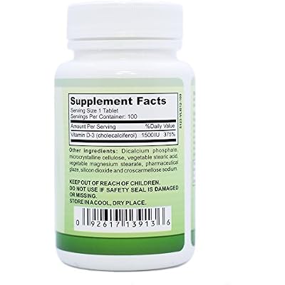 Vitamin D3, Vegan Vitamin D Supplement for Men & Women, 1500IU, 100 Easy Swallow Pills