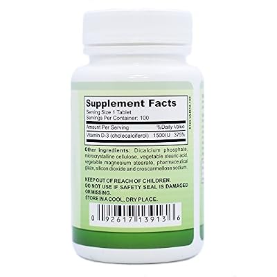 Vitamin D3, Vegan Vitamin D Supplement for Men & Women, 1500IU, 100 Easy Swallow Pills