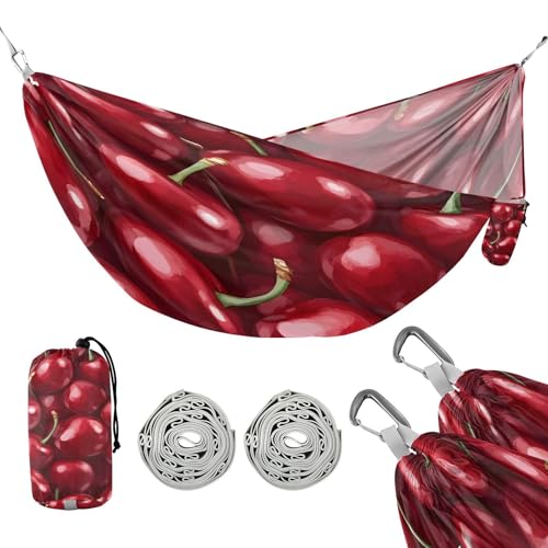 ATTX Dark Red Cherries Camping Hammock - Lightweight & Portable Hammocks, Heavy Duty 330lbs Capacity for Indoor, Hiking, Backpacking, Travel, Backyard, Beach#567
