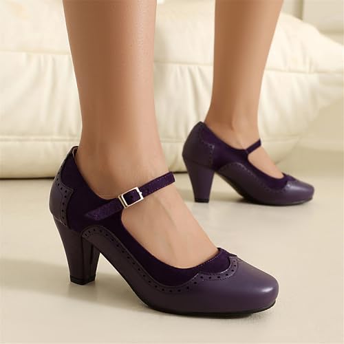 Image of Elerhythm Women's Mary Jane Classic and Retro 1920s Pump Heels Gatsby Oxford Pattern 1950s Pinup Vintage Round Closed Toe 1940s Ankle Strap Dress Shoes