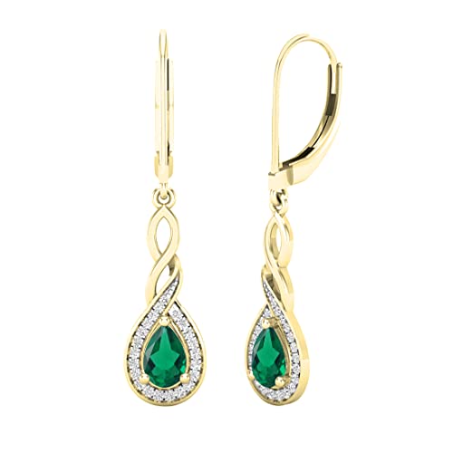 Dazzlingrock Collection 6X4Mm Each Pear Lab Created Emerald & Round Natural White Diamond Swirl Halo Teardrop Lever Back Dangling Drop Earrings For Women In 10K Yellow Gold #TOP26