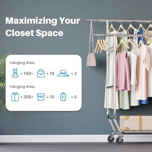 HOKEEPER Perchero Doble para Ropa de Grado Comercial con estantes, rieles Dobles Resistentes, Ajustable, Plegable, con Ruedas, Acabado Cromado - imagen 8