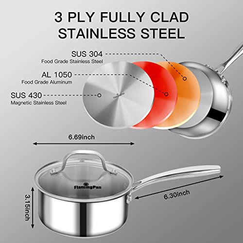 Flamingpan 1.5Qt Stainless Steel Saucepan With Glass Lid, Perfect For Cooking Soups, Sauces, Durable, Rust-Resistant, And Easy To Clean #TOP1