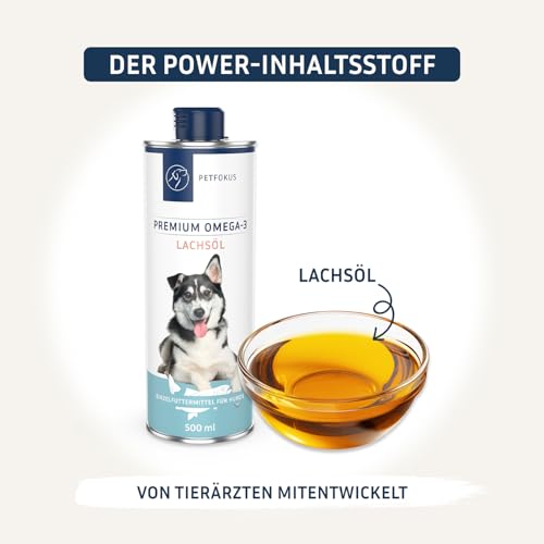 PetFokus Premium Omega-3 Lachsöl für Hunde - 100% reines Öl, köstlicher Geschmack, für alle Rassen und Alter - in Deutschland produziert